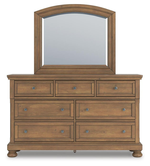 Feddinger King Storage Sleigh Bed with Mirrored Dresser and Nightstand
