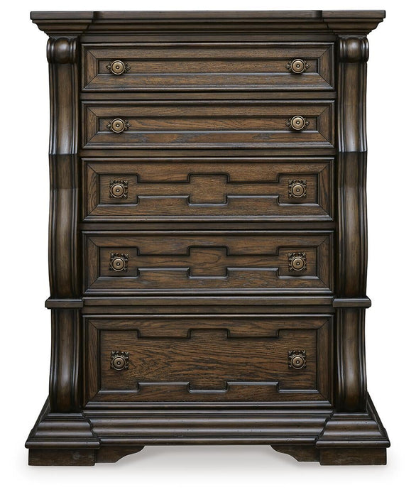 Maylee King Canopy Bed, Dresser, Mirror, Chest and Nightstand