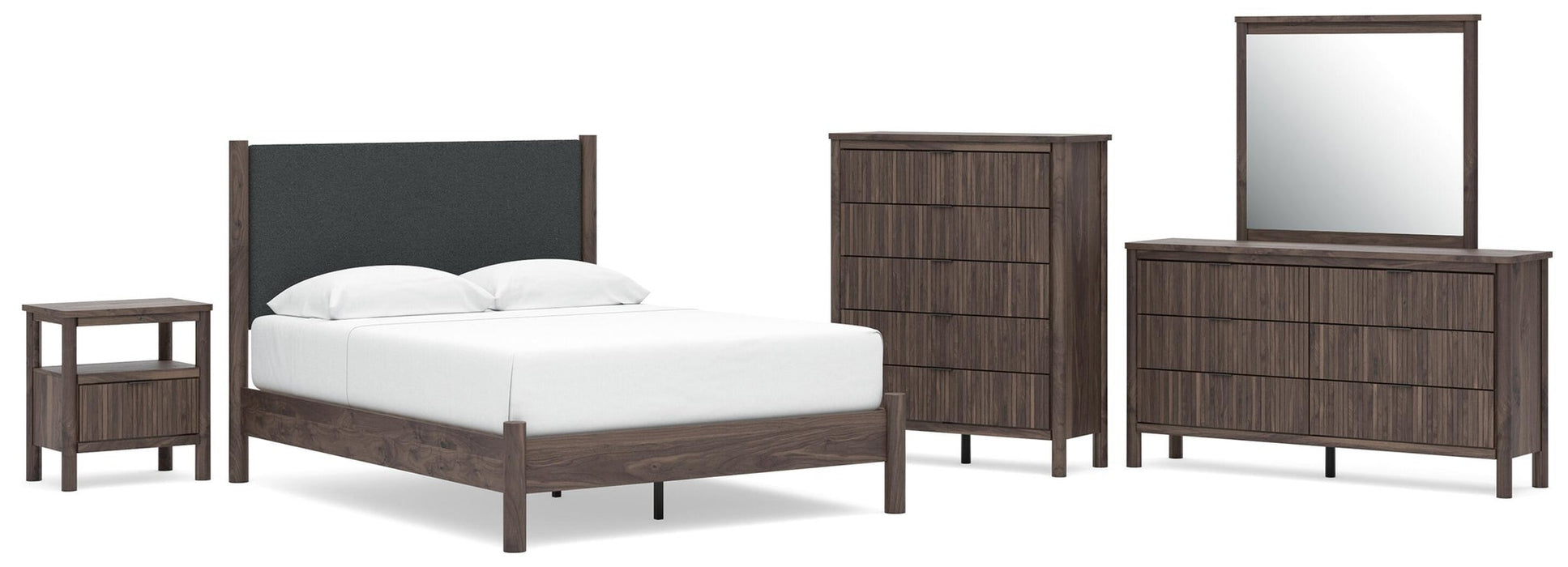 Pamytta Queen Upholstered Panel Platform Bed, Dresser, Mirror, Chest and Nightstand