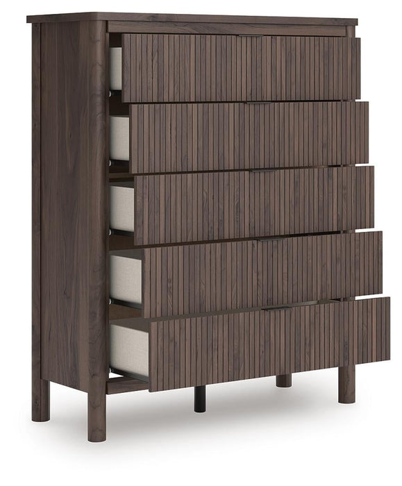 Pamytta Queen Upholstered Panel Platform Bed, Dresser, Mirror, Chest and Nightstand
