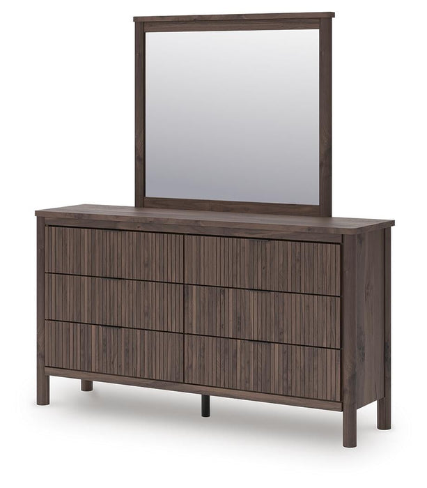 Cadmori King Upholstered Panel Platform Bed, Dresser, Mirror and Nightstand