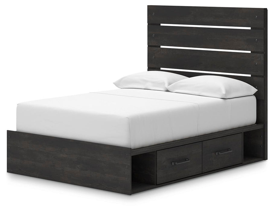 Delmorta Full Panel Bed with Storage, Dresser, Mirror, Chest and Nightstand