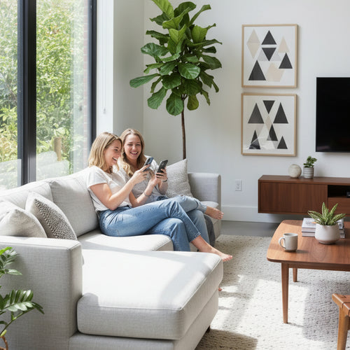 Two women sitting on a couch in a modern living room, using their phones.