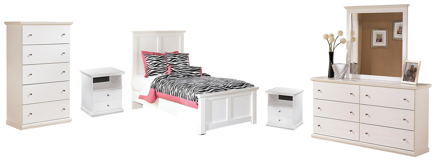 Bostwick Shoals Twin Panel Bed with Mirrored Dresser, Chest and 2 Nightstands