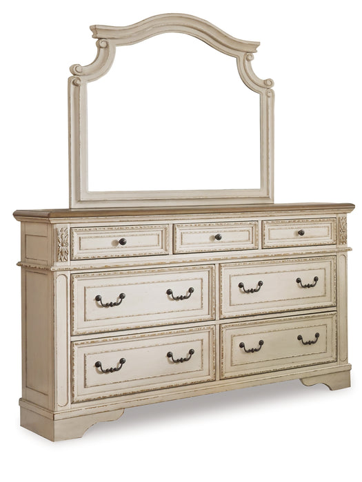 Realyn Queen Upholstered Panel Bed with Mirrored Dresser, Chest and 2 Nightstands