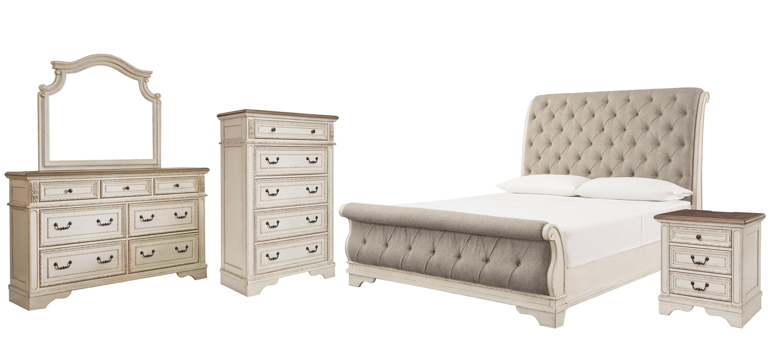 Realyn King Sleigh Bed with Mirrored Dresser, Chest and Nightstand