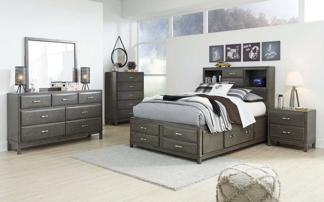 Caitbrook Queen Storage Bed with 8 Storage Drawers with Mirrored Dresser and Chest