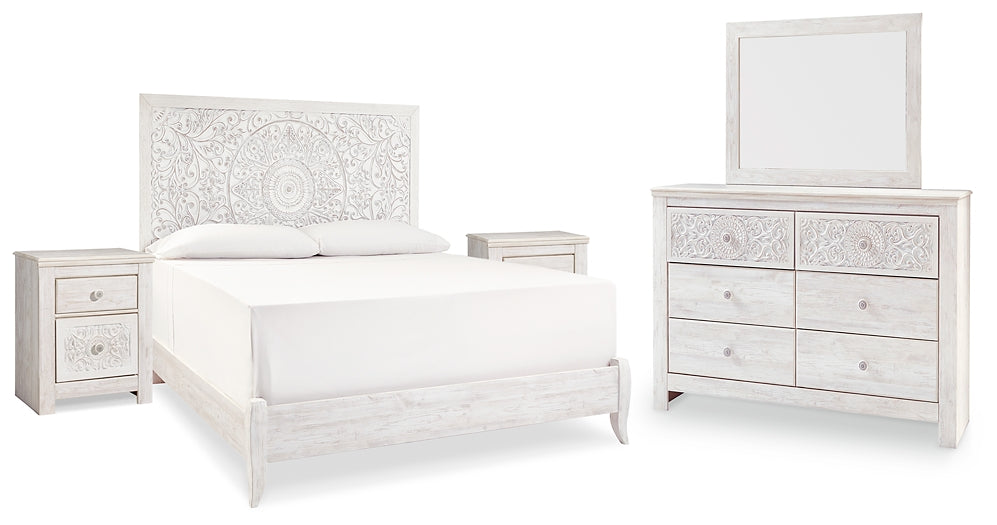 Paxberry King Panel Bed with Mirrored Dresser and 2 Nightstands