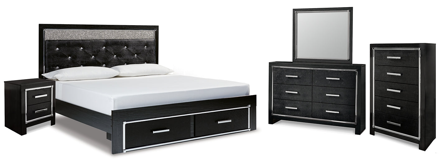 Kaydell King Upholstered Panel Storage Bed with Mirrored Dresser, Chest and Nightstand