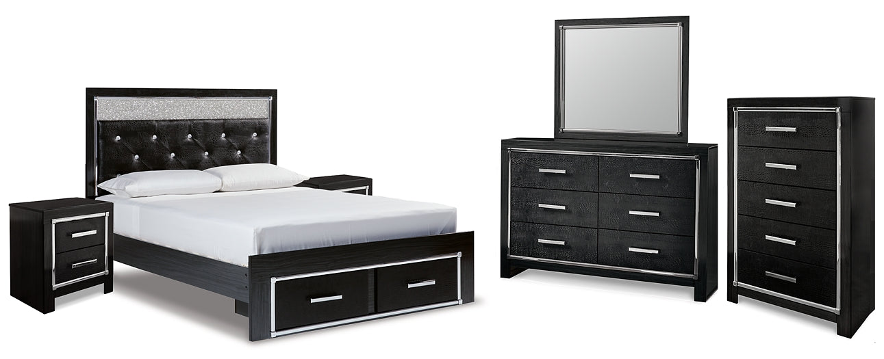 Kaydell Queen Upholstered Panel Storage Platform Bed with Mirrored Dresser, Chest and 2 Nightstands